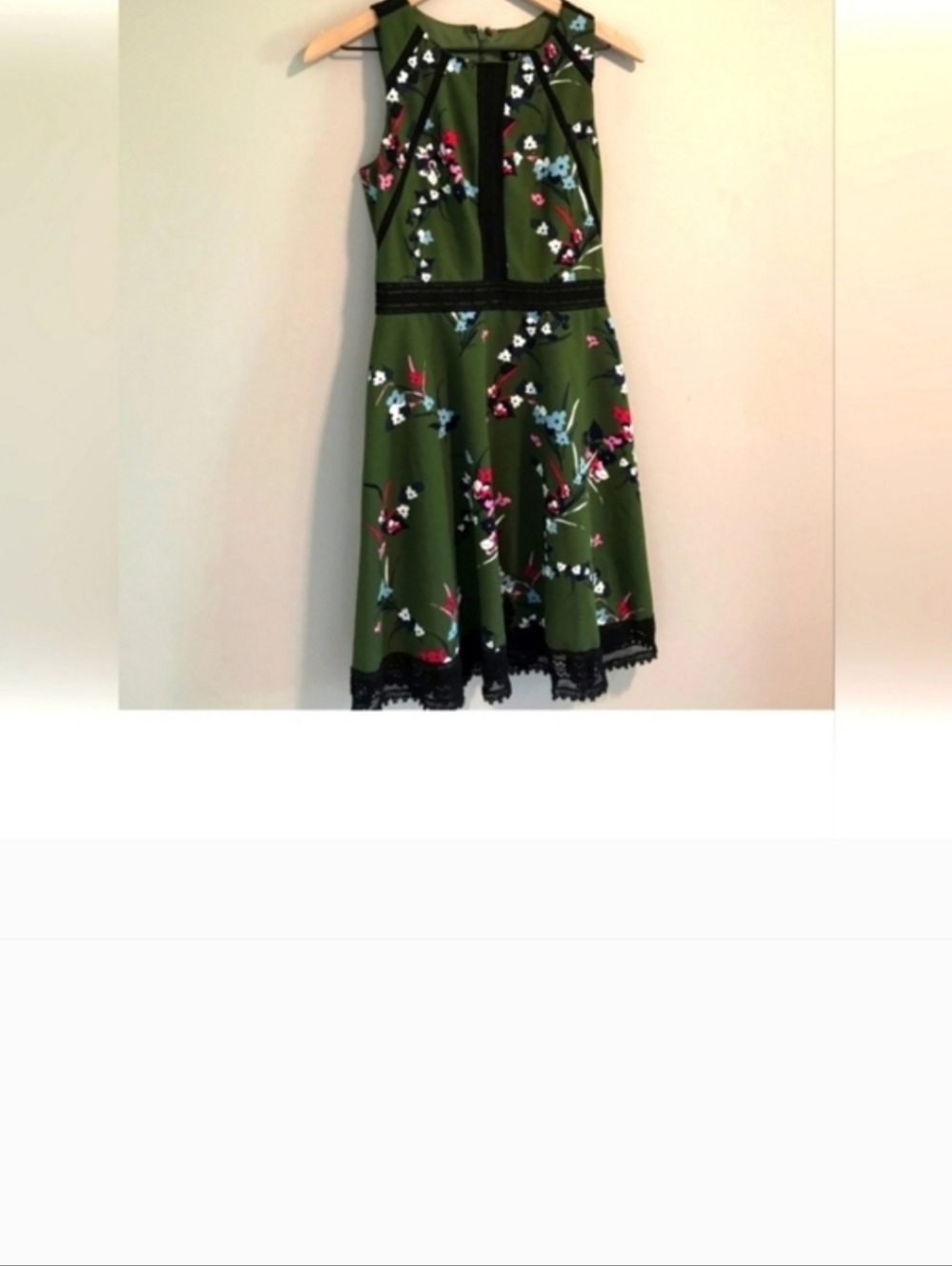 Guess Olive Green Floral Midi Dress with Black Trim